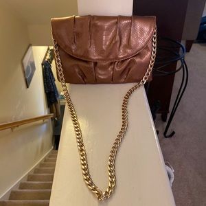 Clutch, snake skin bronze leather with gold, chain style shoulder strap